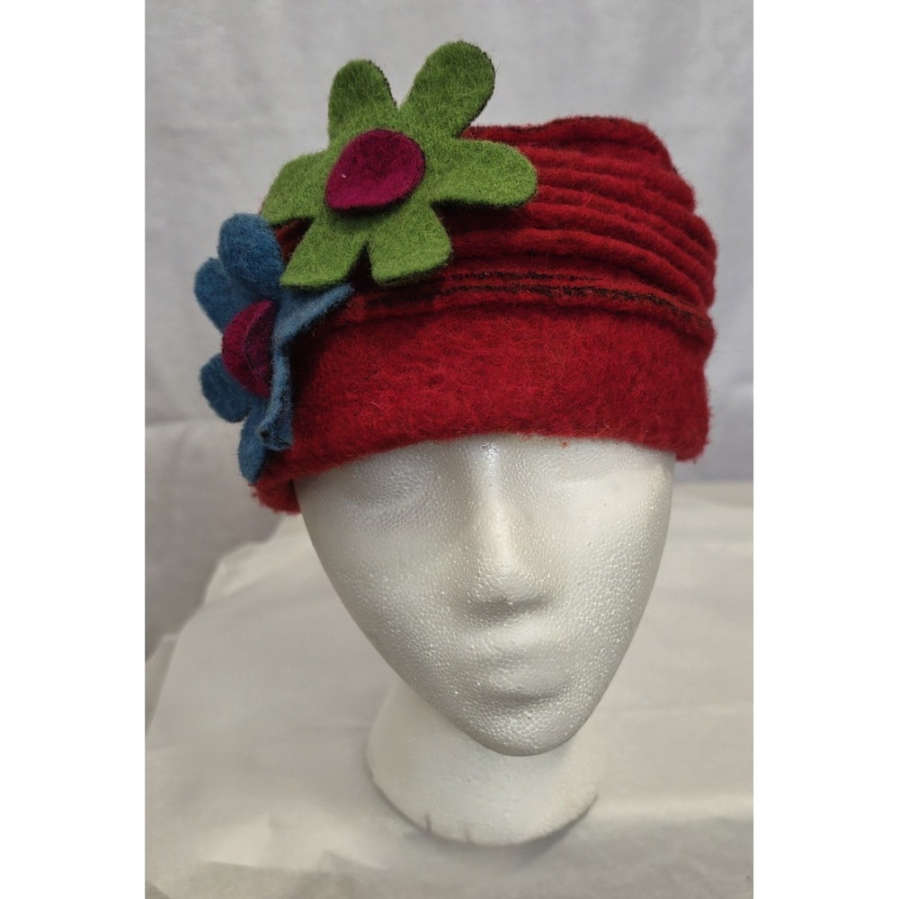Platania Italy Red Wool Blend Cloche Hat 3D Felt Flowers Made in Italy - Picture 2 of 5